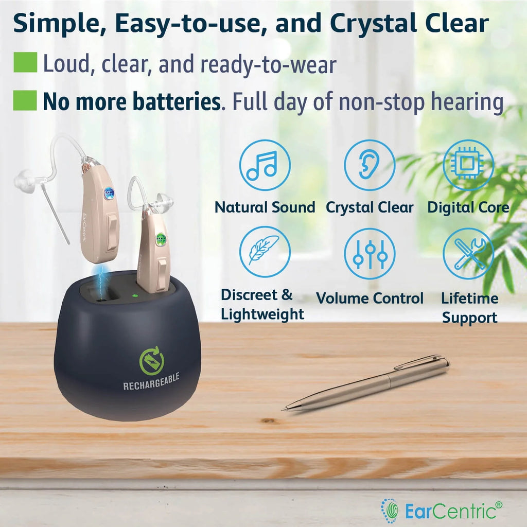 EarCentric EasyCharge Rechargeable Behind-the-Ear Hearing Aid Beige 2-Pack Y6365