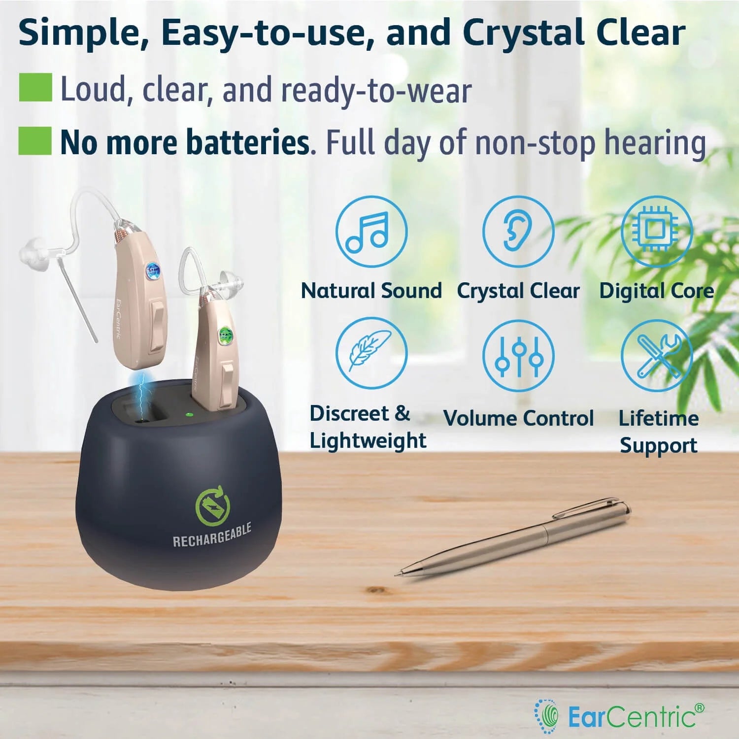 EarCentric EasyCharge Rechargeable Behind-the-Ear Hearing Aid Beige 2-Pack Y6365