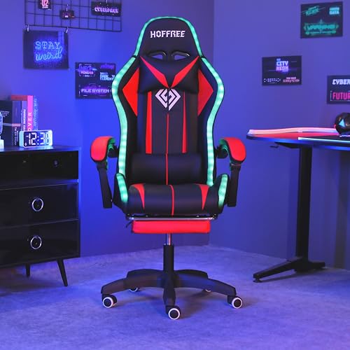 HOFFREE RGB Gaming Chair with Speakers and Footrest, Blue and Black B69323
