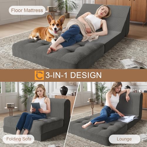 COMAX Folding Sofa Bed Convertible Chair Bed Corduroy 3-in-1 Floor Couch, Dark Grey E940