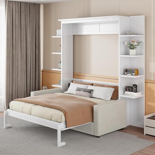 MERITLINE Queen Murphy Bed with Couch and Storage Shelves, White M951