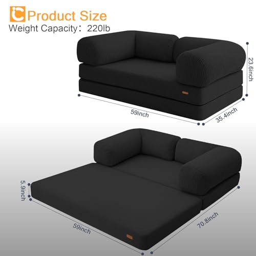 COMAX Folding Sofa Bed Convertible Chair Bed Corduroy 3-in-1 Floor Couch, Dark Grey E940