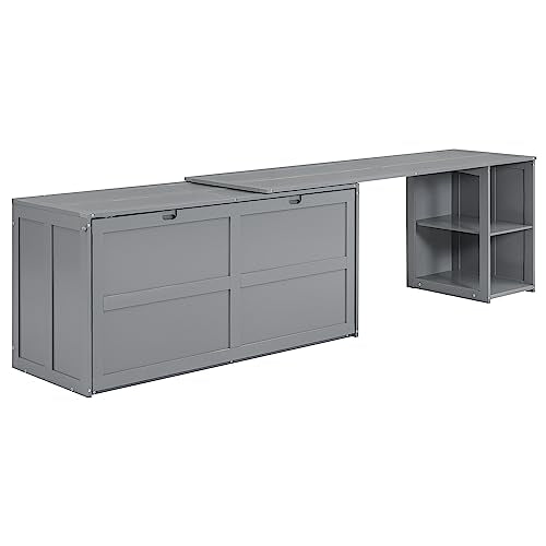 Merax Queen Murphy Bed with Rotable Desk, Storage Shelves, Grey W17874