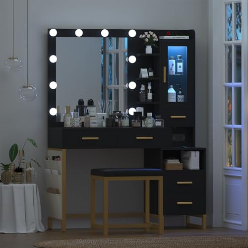 White Vanity Desk with Lighted Mirror and Chair, 5 Drawers Q413