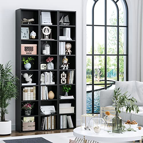 FOTOSOK 8-Tier Media Tower Rack, Tall Narrow Bookcase, Black/Brown W19438