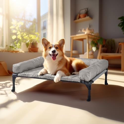 Veehoo Elevated Dog Bed with Removable Waterproof Bolster Cushion, Breathable Mesh, Indoor Outdoor, 42x30 inches, Beige U875430
