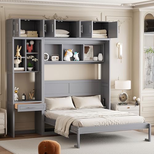 PURLOVE Wood Twin Murphy Bed with Light and USB, Gray W600663
