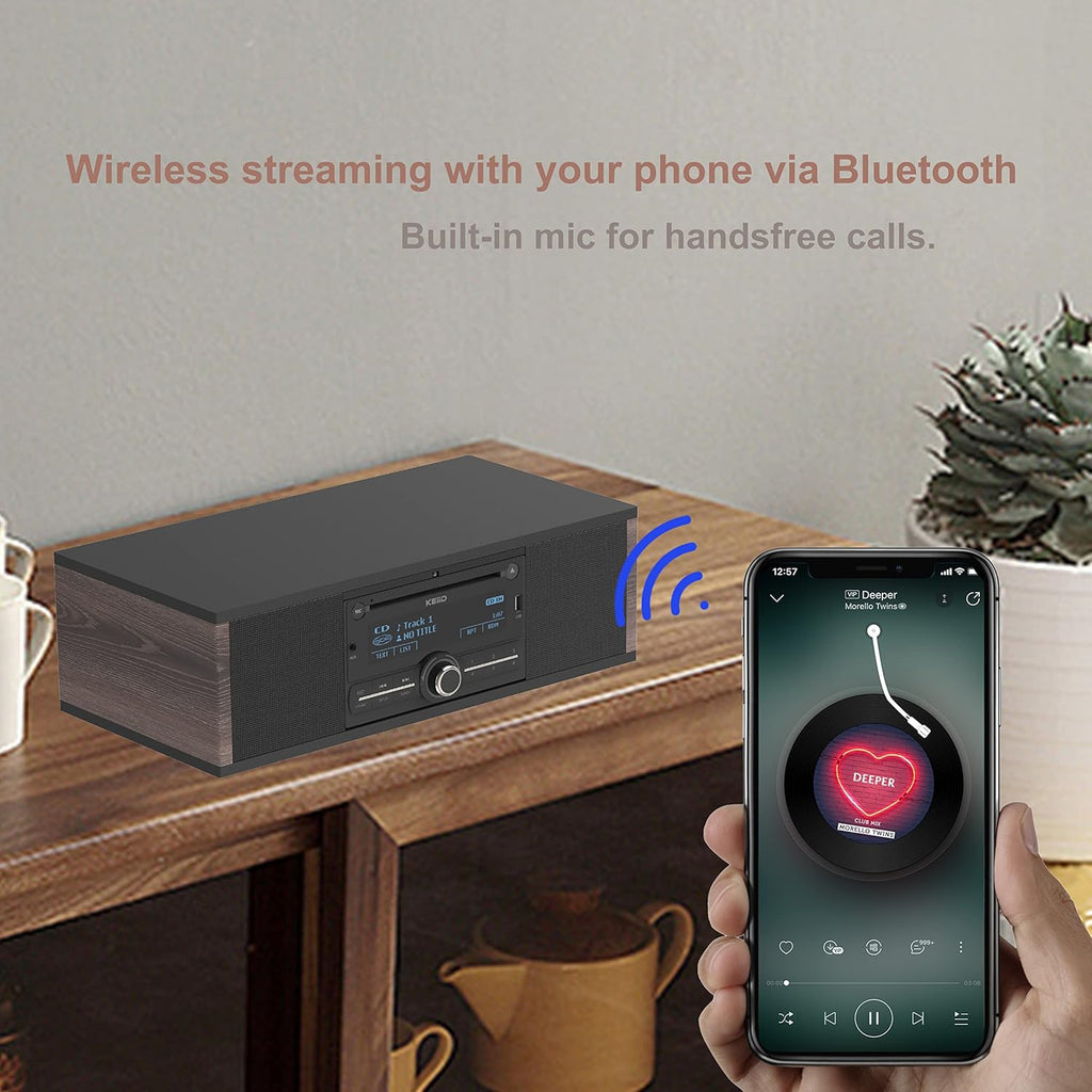 KEiiD Retro CD Player with Bluetooth, FM/AM Radio, USB & AUX, Wooden Stereo Speakers Y790411