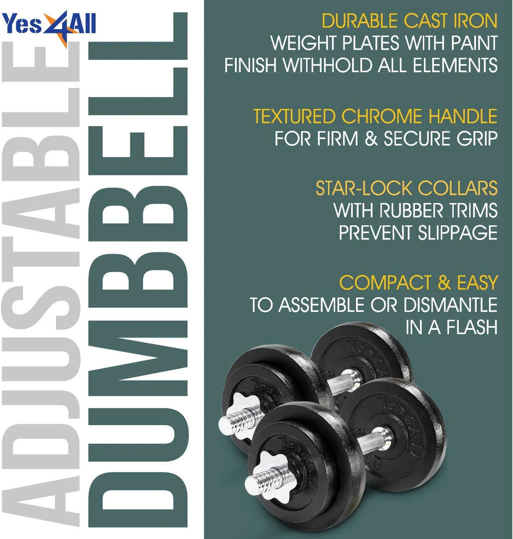 Yes4All 200 lbs Adjustable Dumbbell Set, Cast Iron Pair D6439