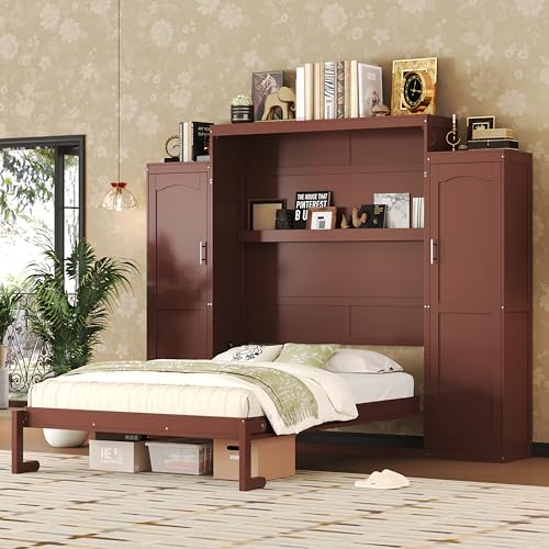 Harper & Bright Designs Full Murphy Bed with Two Closets and Storage Shelf, Walnut P2065