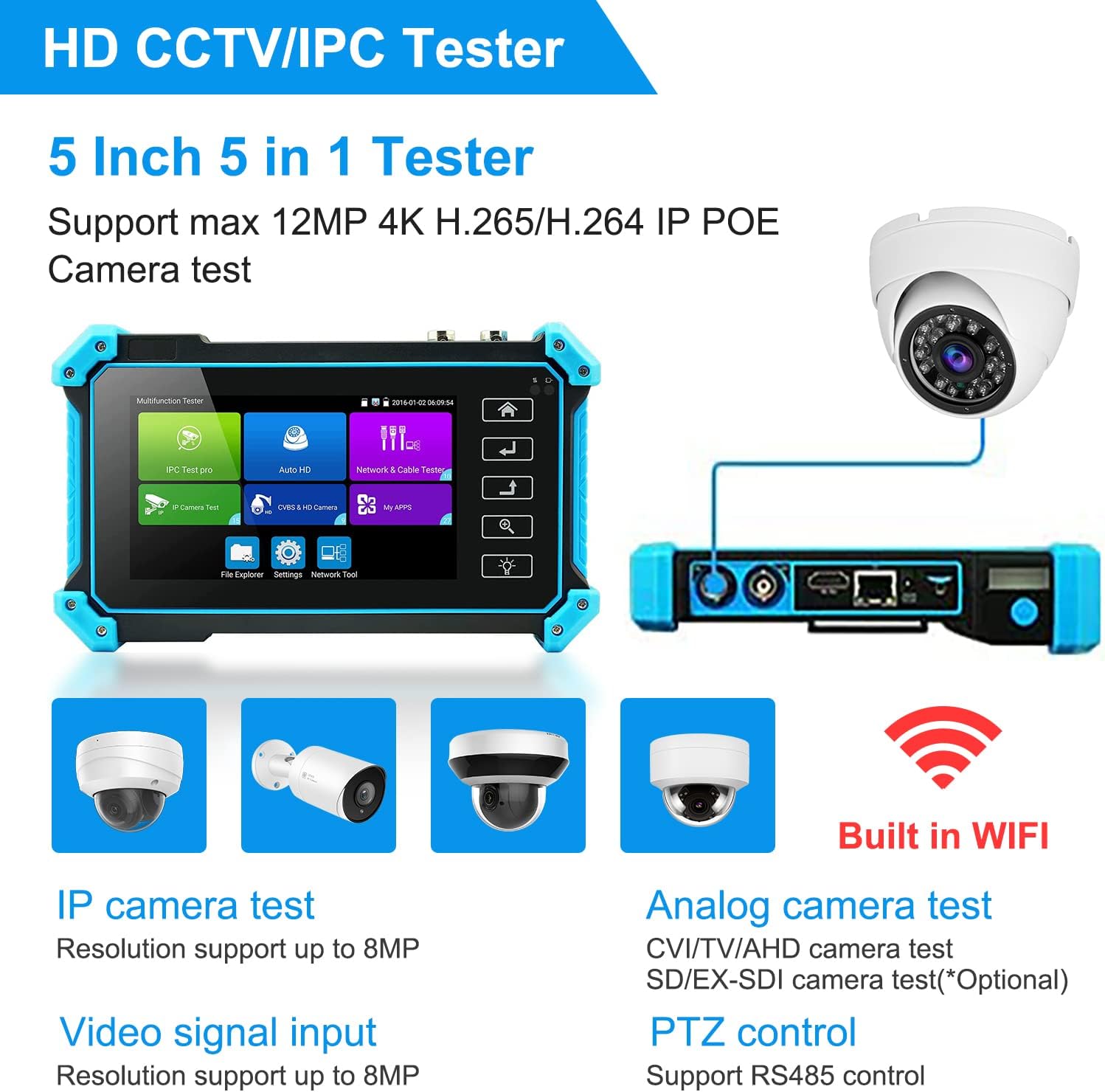 5 Inch 4 in 1 CCTV Monitor Tester with Coaxial and PTZ Cable Test W6282