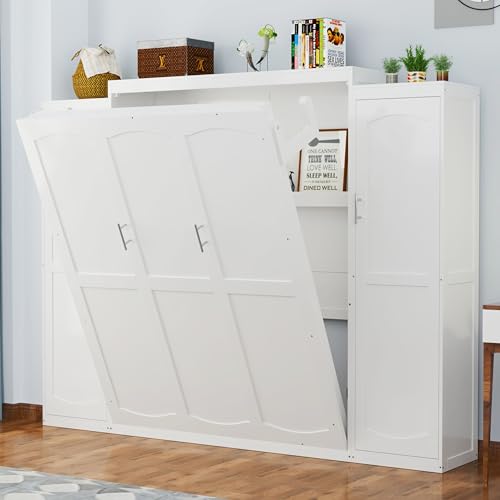 Harper & Bright Designs Full Murphy Bed with Two Closets and Storage Shelf, Walnut P2065
