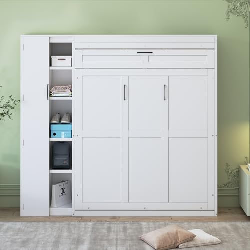 Harper & Bright Designs Queen Murphy Bed with Storage Shelves and LED Lights, Gray D9429