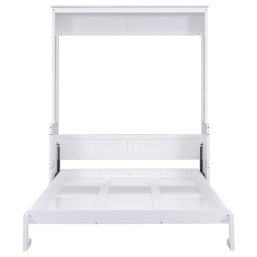 Queen Size Murphy Bed Wall Cabinet with 2 Wardrobes and Storage Shelf, White E955210