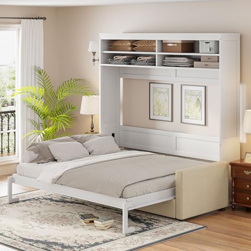MERITLINE Queen Murphy Bed with Couch and Storage Shelves, White M951