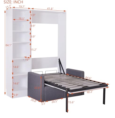 MERITLINE Queen Murphy Bed with Couch and Storage Shelves, White M951