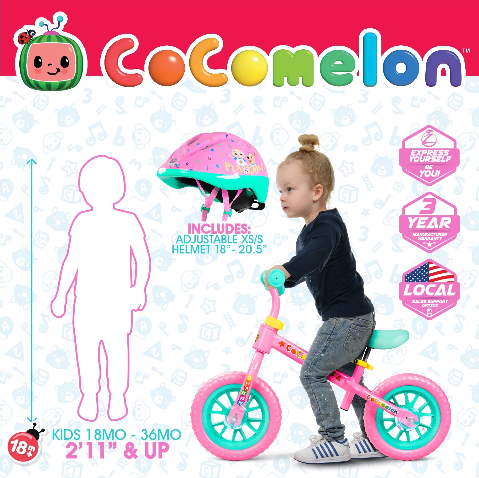 Cocomelon Toddlers Balance Bike with Adjustable Helmet, Light-up Wheels, Blue W771