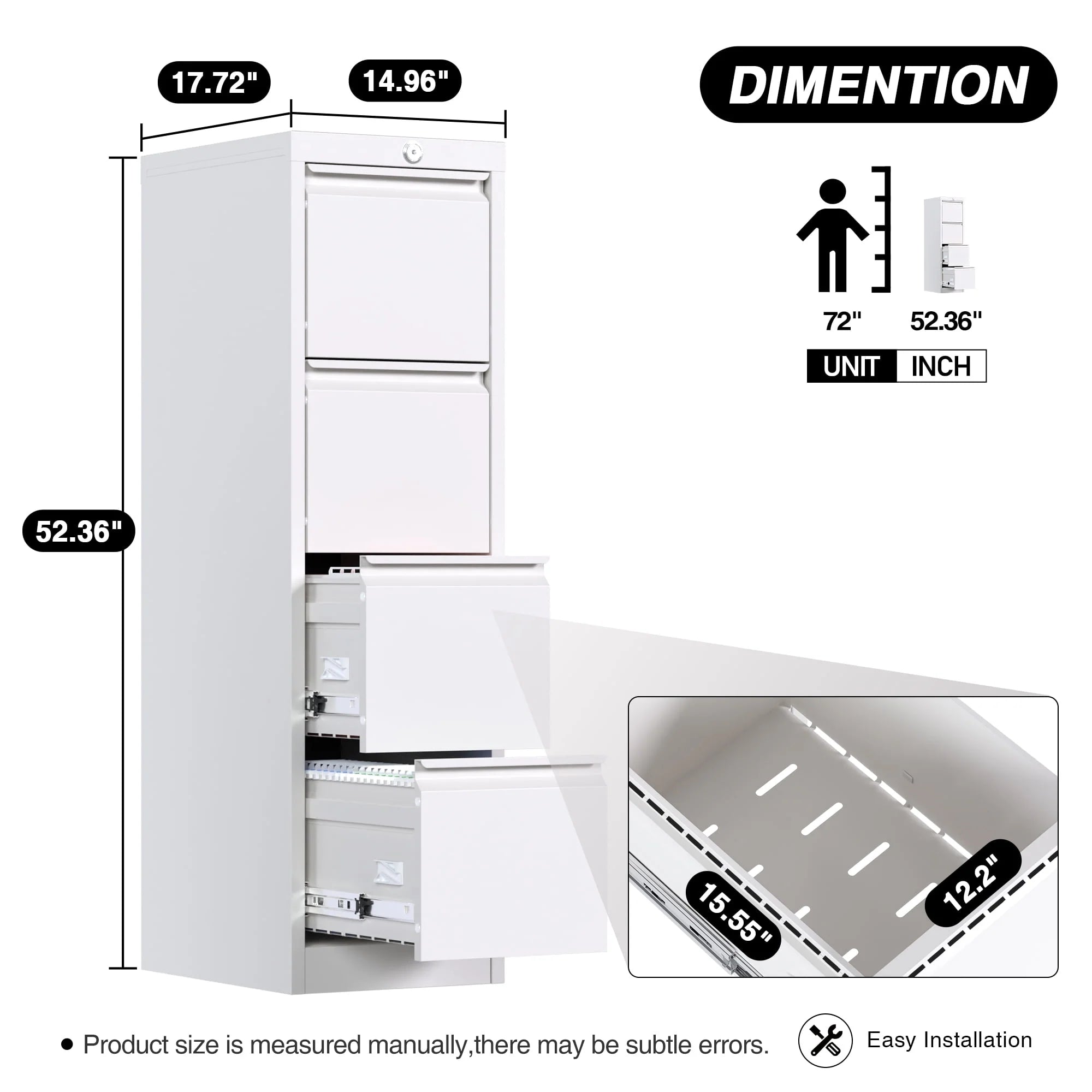 SUPEER 4 Drawer File Cabinet with Lock, Metal Vertical Storage, Black E499