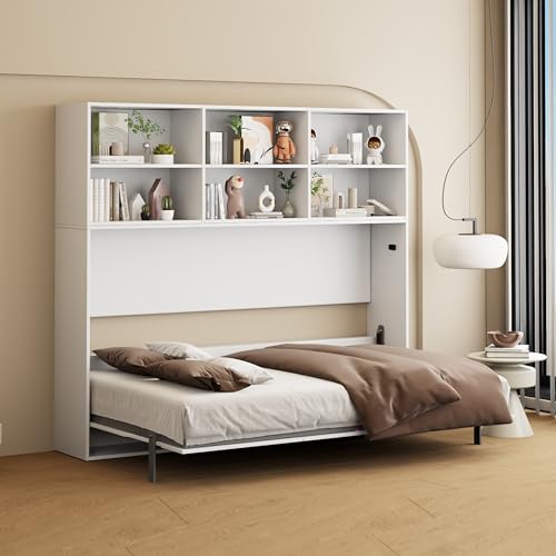 White Full Size Murphy Bed Cabinet with Shelf and Drawers Y948