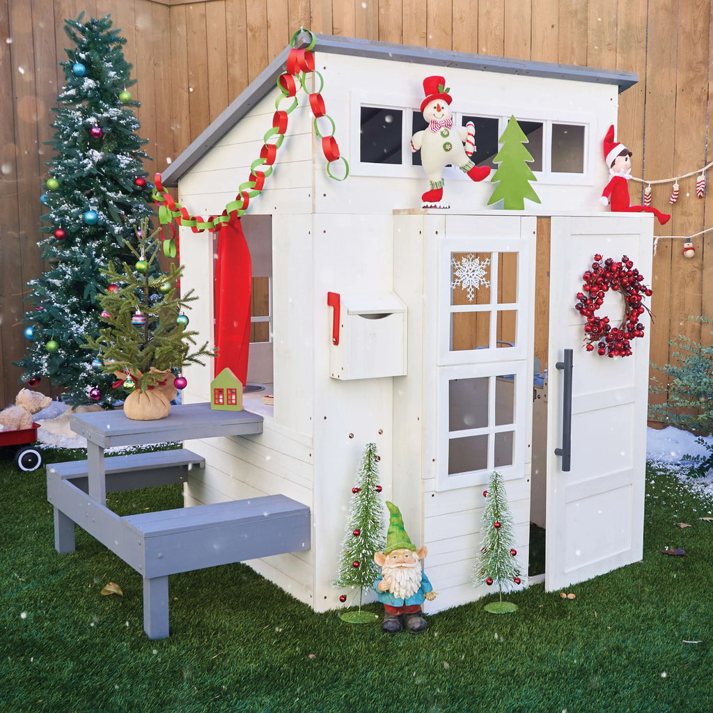 KidKraft Modern Outdoor Wooden Playhouse with Picnic Table, Mailbox & Grill, White P4610