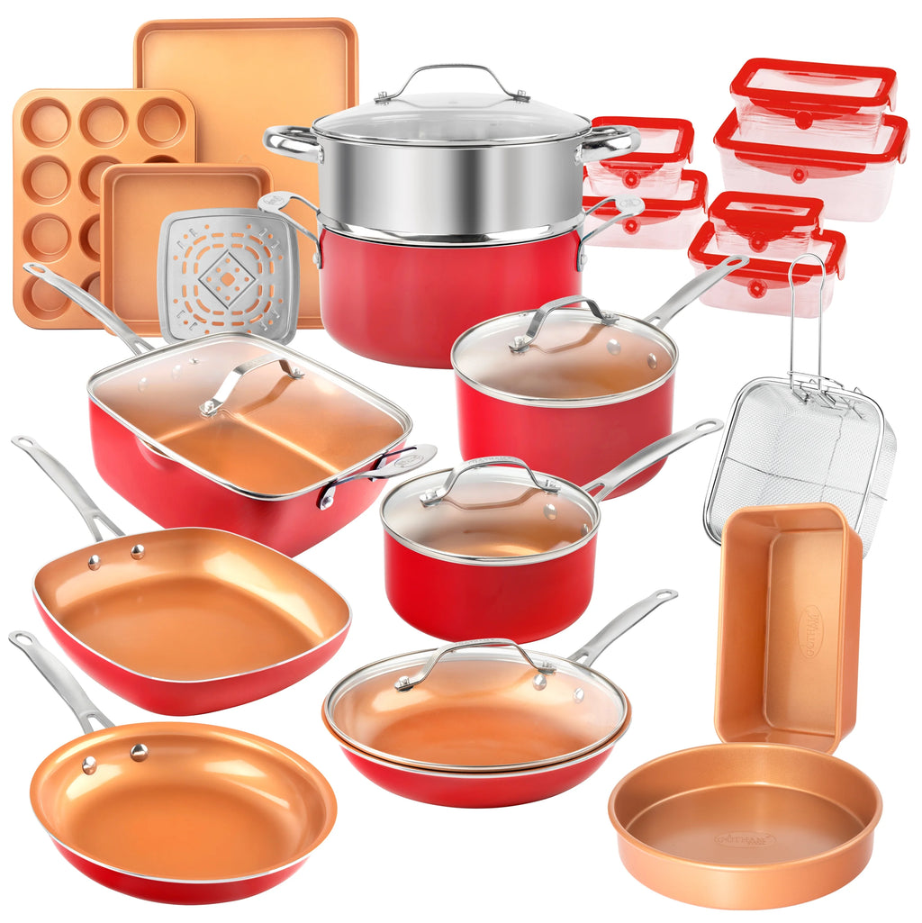Gotham Steel 32 Pcs Cookware Set with Bakeware and Food Storage, Red B614356