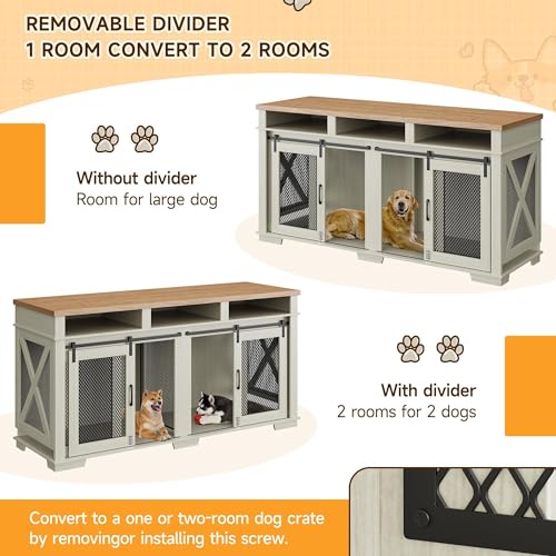 71" Dog Crate Furniture for 2 Dogs with Storage Drawers and Divider Y72401