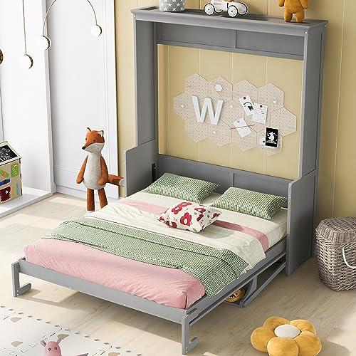 Queen Size Murphy Bed Wall Cabinet with 2 Wardrobes and Storage Shelf, White E955210