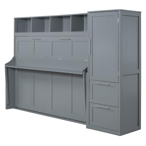 Linique Murphy Cabinet Wall Bed with Closet, Drawers and Top Shelf, Gray K190832