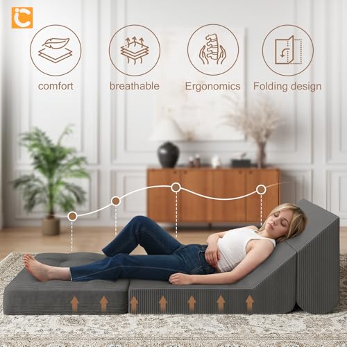 COMAX Folding Sofa Bed Convertible Chair Bed Corduroy 3-in-1 Floor Couch, Dark Grey E940