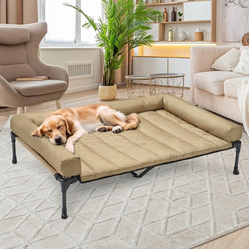 Veehoo Elevated Dog Bed with Removable Waterproof Bolster Cushion, Breathable Mesh, Indoor Outdoor, 42x30 inches, Beige U875430