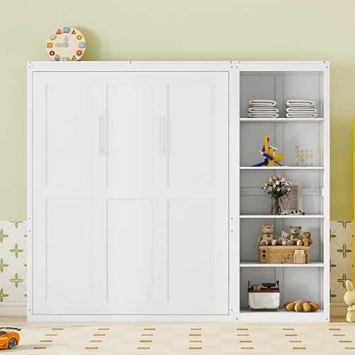 Merax Queen Murphy Bed with Storage Shelves, Foldable Wall Bed, White V837