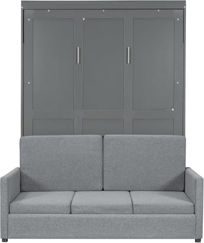 MERITLINE Queen Murphy Bed with Couch and Storage Shelves, White M951