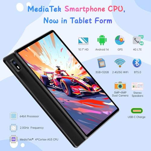 Android 14 Tablet 10.1 Inch 4G SIM Unlocked 3GB+32GB IPS Display Black Z2250
