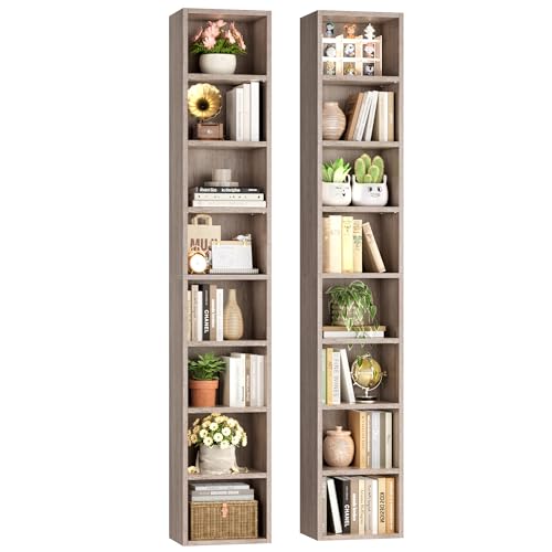 FOTOSOK 8-Tier Media Tower Rack, Tall Narrow Bookcase, Black/Brown W19438