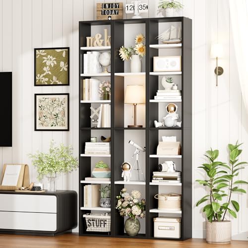 FOTOSOK 8-Tier Media Tower Rack, Tall Narrow Bookcase, Black/Brown W19438