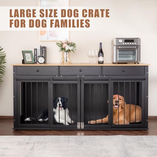 Sunseen Dog Crate Furniture Large Breed Wooden Kennel with Room Divider & 3 Drawer, Double Doors, Black F4828