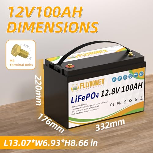 FLLYROWER 12V 100Ah LiFePO4 Battery with BMS for Marine RV Solar I833