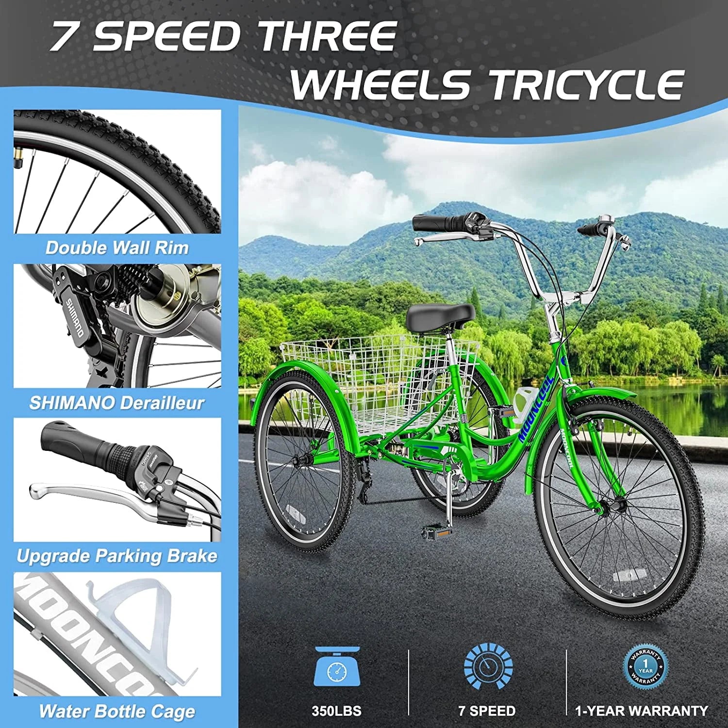 FICISOG 26 Adult Tricycle, 3 Wheel 7 Speed, 450lbs Capacity with Basket X547