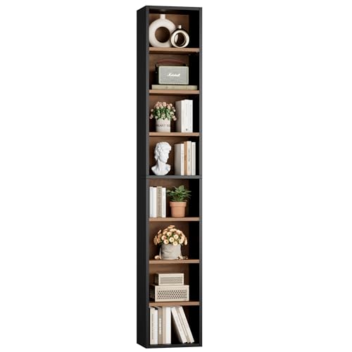 FOTOSOK 8-Tier Media Tower Rack, Tall Narrow Bookcase, Black/Brown W19438