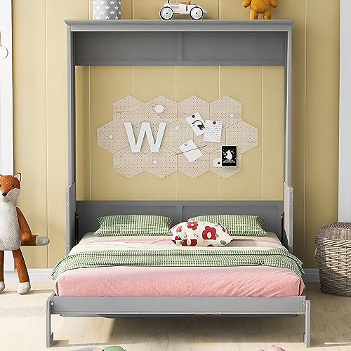 Queen Size Murphy Bed Wall Cabinet with 2 Wardrobes and Storage Shelf, White E955210