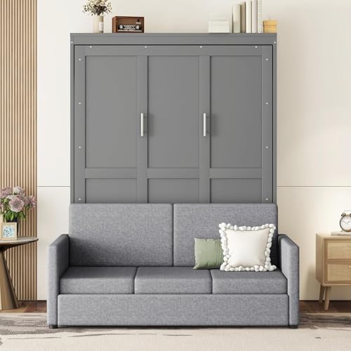 MERITLINE Queen Murphy Bed with Couch and Storage Shelves, White M951