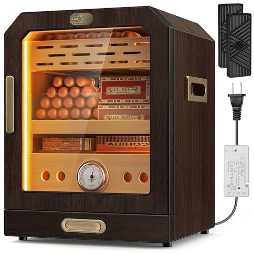 Cigar Humidor, Lighted Control Magnetic Door Desktop Cigar Humidor Cabinet,with Cigar Accessory Drawer and 2 humidifiers 3 Layer Large Capacity Humidor,Hold 100-150 Cigars (Brown)