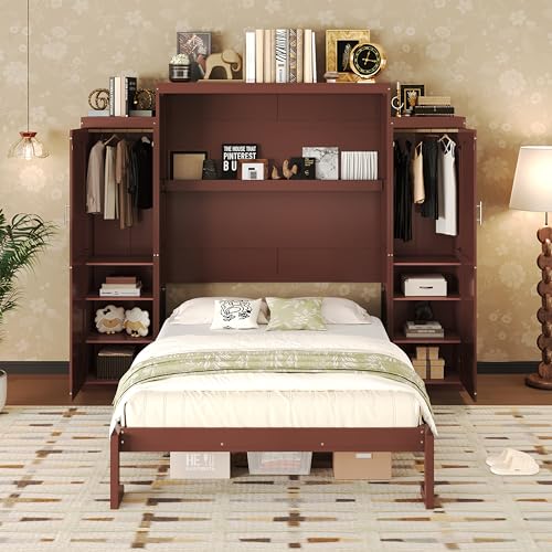 Harper & Bright Designs Full Murphy Bed with Two Closets and Storage Shelf, Walnut P2065