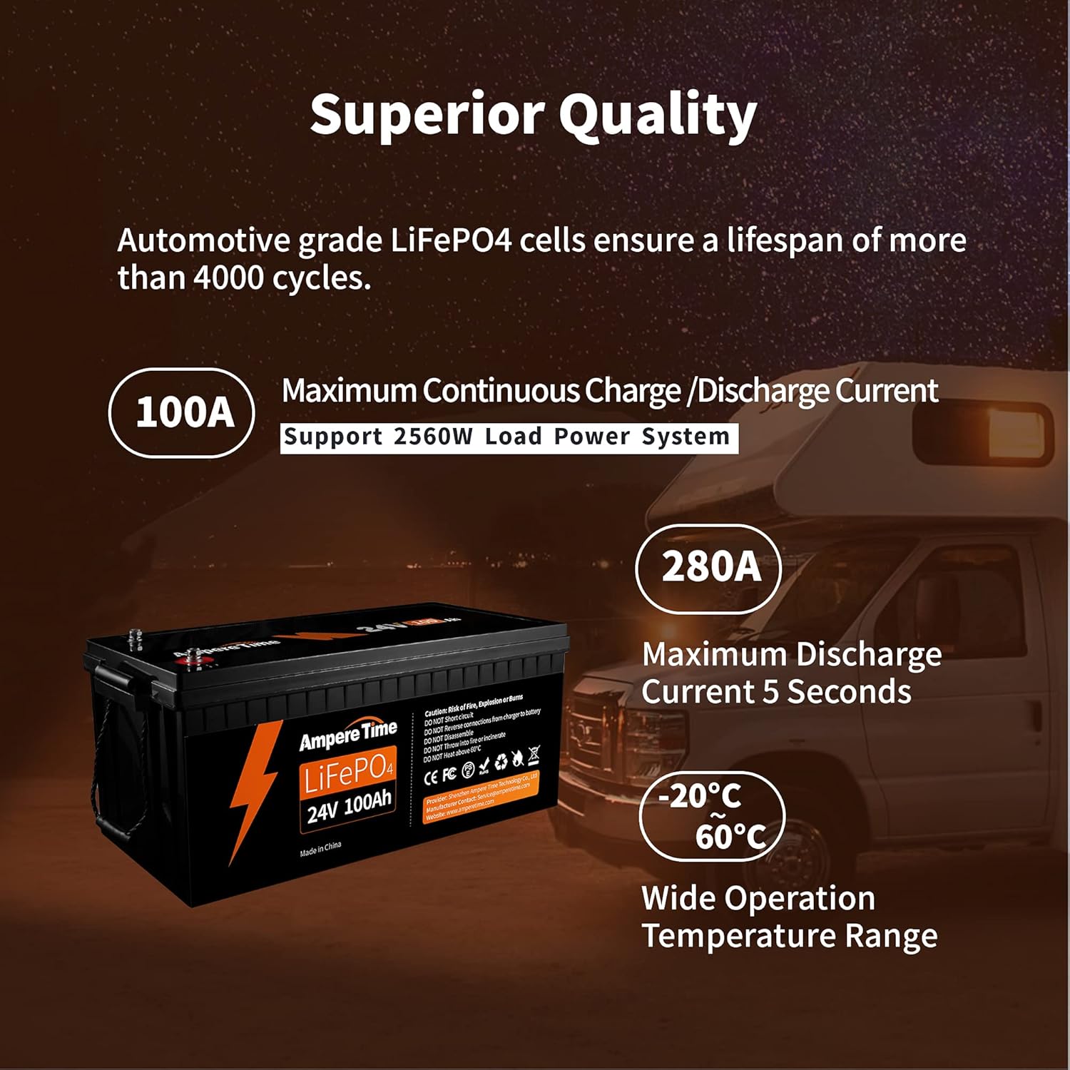 Ampere Time 12V 200Ah Plus LiFePO4 Battery with 200A BMS N84511