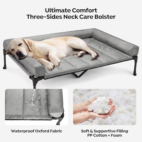 Veehoo Elevated Dog Bed with Removable Waterproof Bolster Cushion, Breathable Mesh, Indoor Outdoor, 42x30 inches, Beige U875430
