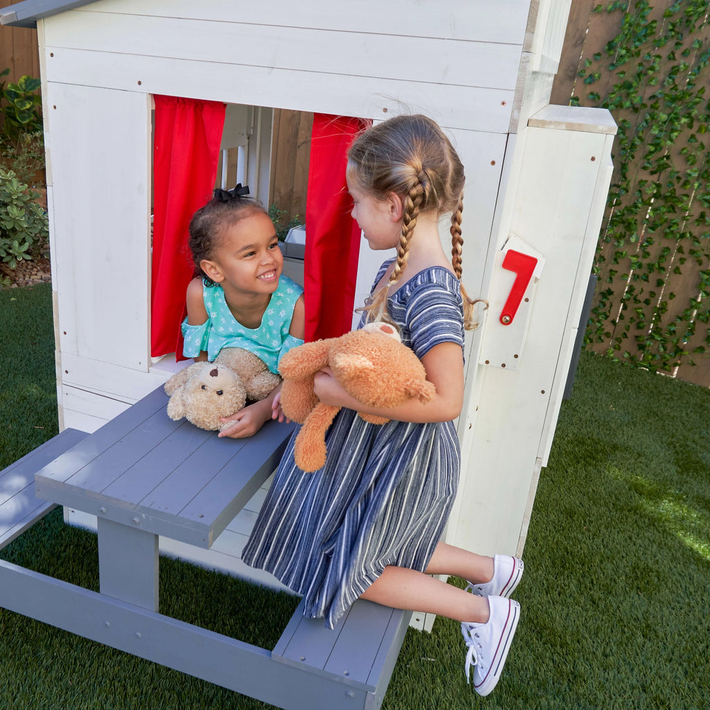 KidKraft Modern Outdoor Wooden Playhouse with Picnic Table, Mailbox & Grill, White P4610