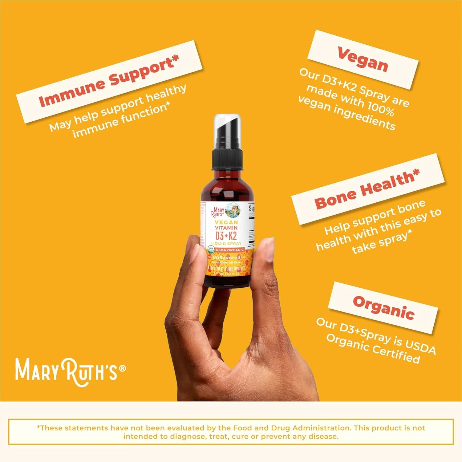MaryRuth Organics Vitamin D3+K2 Spray, Vegan Liquid Supplement, 1 fl oz E7324