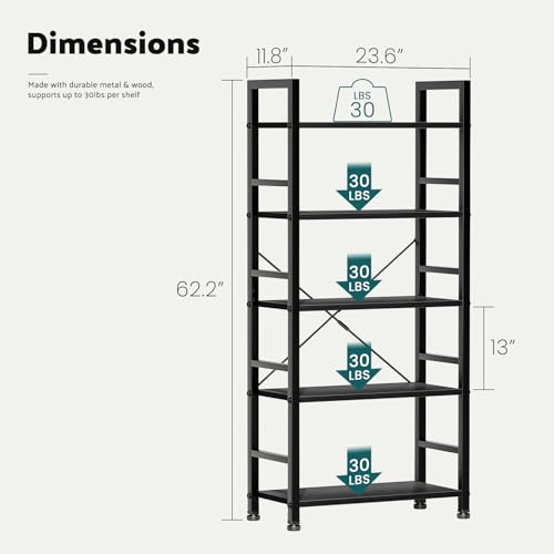 5 Tier Tall Bookcase Bookshelf Organizer Storage Unit Rustic Brown G866