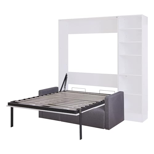 MERITLINE Queen Murphy Bed with Couch and Storage Shelves, White M951