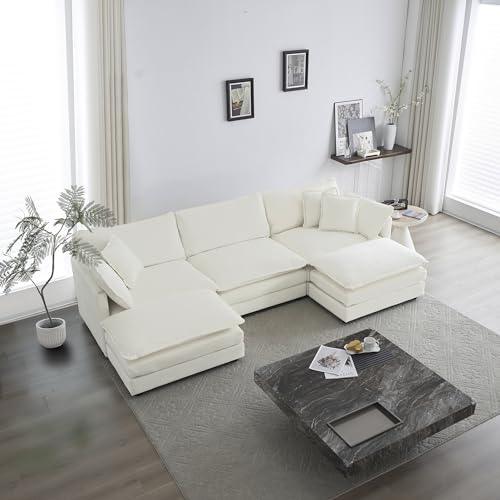U-Shaped Modular Sectional Sofa with Footrests, 111" Oversized Chenille Comfy Sectional Couches for Living Room, 3-Seater Cloud Couches with 2 Movable Ottomans, Flexible Combination Design,White